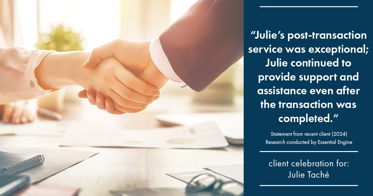 Testimonial for real estate agent Julie Tache with Homes With Cachet in Charlotte, NC: "Julie's post-transaction service was exceptional; Julie continued to provide support and assistance even after the transaction was completed."