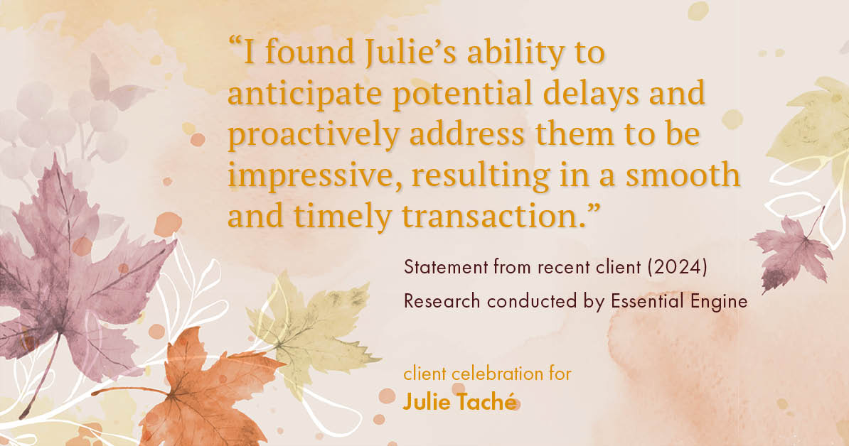 Testimonial for real estate agent Julie Taché with Homes With Cachet in Charlotte, NC: "I found Julie's ability to anticipate potential delays and proactively address them to be impressive, resulting in a smooth and timely transaction."