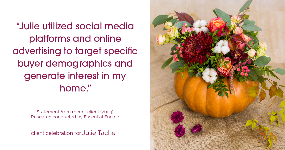 Testimonial for real estate agent Julie Taché with Homes With Cachet in Charlotte, NC: "Julie utilized social media platforms and online advertising to target specific buyer demographics and generate interest in my home."