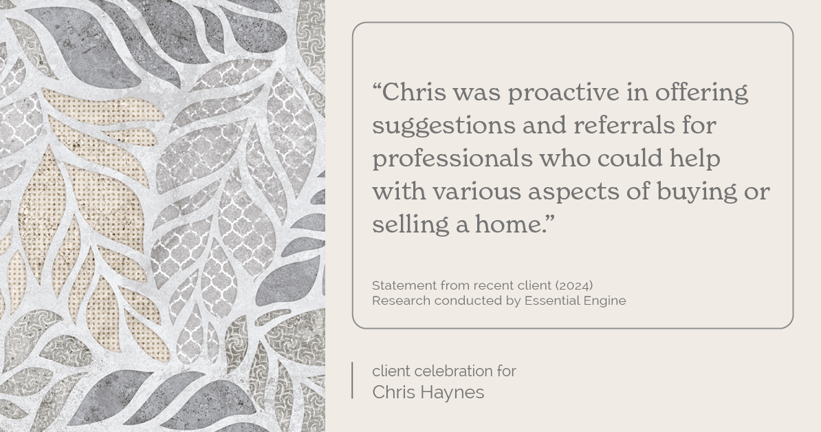 Testimonial for real estate agent Chris Haynes with Windermere Real Estate/Shoreline in Shoreline, WA: "Chris was proactive in offering suggestions and referrals for professionals who could help with various aspects of buying or selling a home."