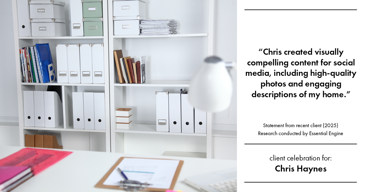 Testimonial for real estate agent Chris Haynes with Windermere Real Estate/Shoreline in Shoreline, WA: "Chris created visually compelling content for social media, including high-quality photos and engaging descriptions of my home."