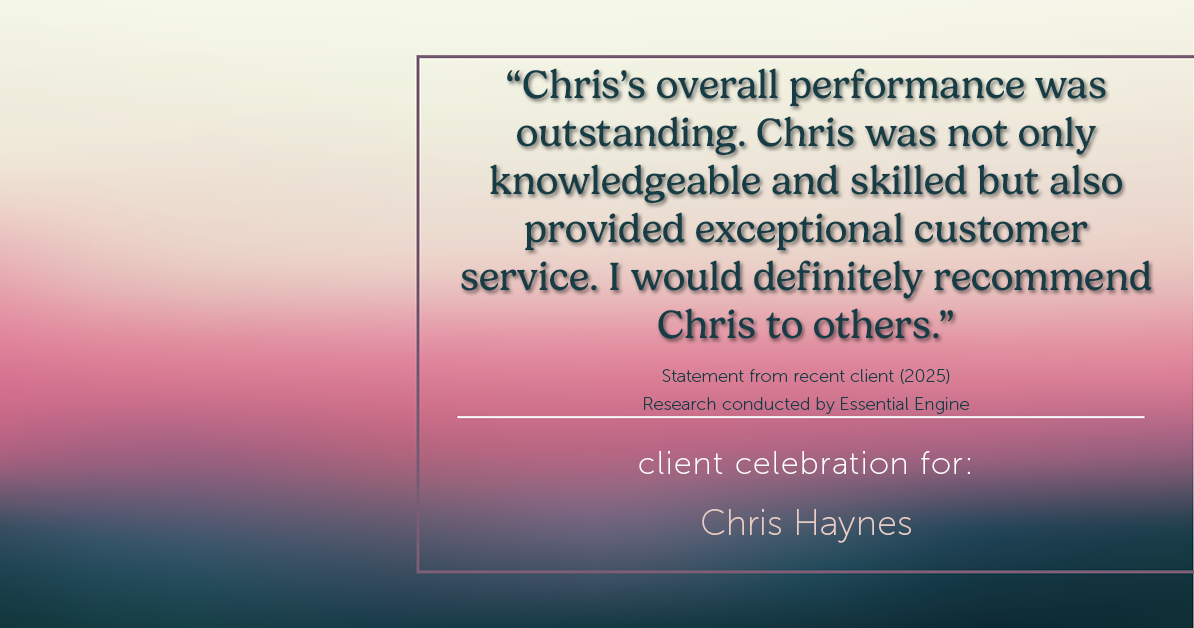 Testimonial for real estate agent Chris Haynes with Windermere Real Estate/Shoreline in Shoreline, WA: "Chris's overall performance was outstanding. Chris was not only knowledgeable and skilled but also provided exceptional customer service. I would definitely recommend Chris to others."