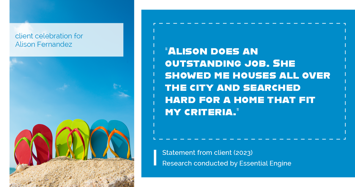 Testimonial for real estate agent Alison Fernandez in Plainfield, IN: "Alison does an outstanding job. She showed me houses all over the city and searched hard for a home that fit my criteria."