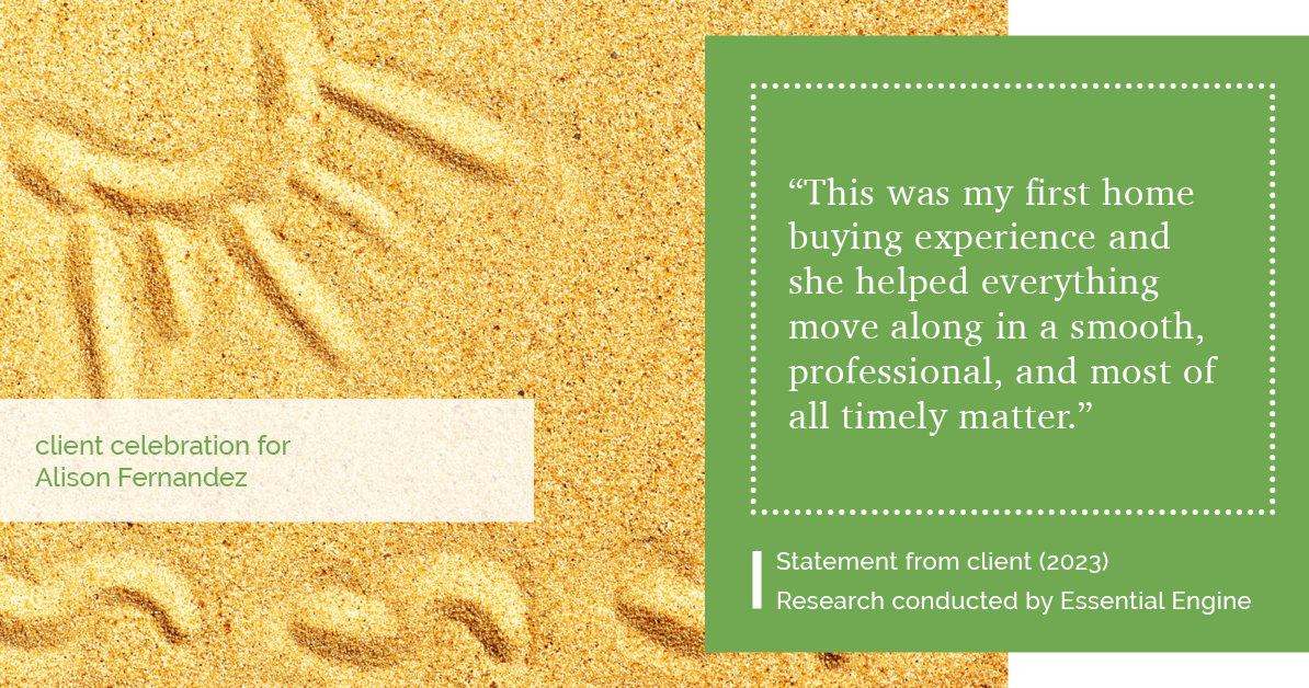 Testimonial for real estate agent Alison Fernandez in Plainfield, IN: "This was my first home buying experience and she helped everything move along in a smooth, professional, and most of all timely matter."