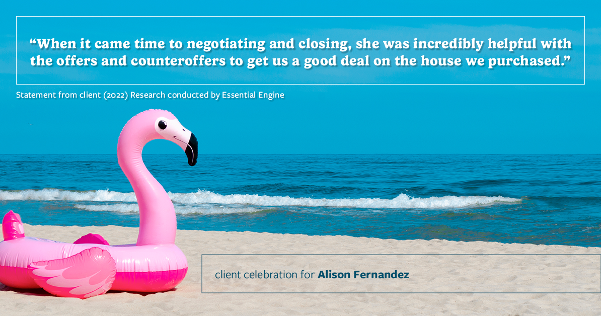 Testimonial for real estate agent Alison Fernandez in Plainfield, IN: "When it came time to negotiating and closing, she was incredibly helpful with the offers and counteroffers to get us a good deal on the house we purchased."