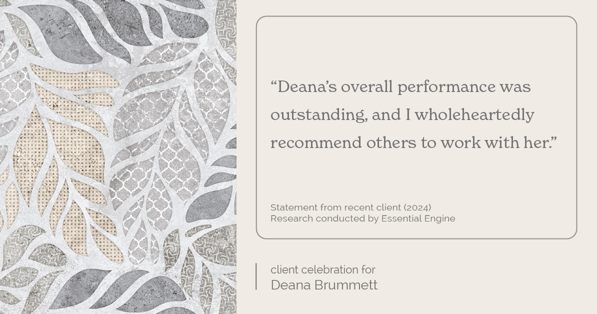 Testimonial for real estate agent Deana Brummett with Coldwell Banker Realty in Charlotte, NC: "Deana's overall performance was outstanding, and I wholeheartedly recommend others to work with her."