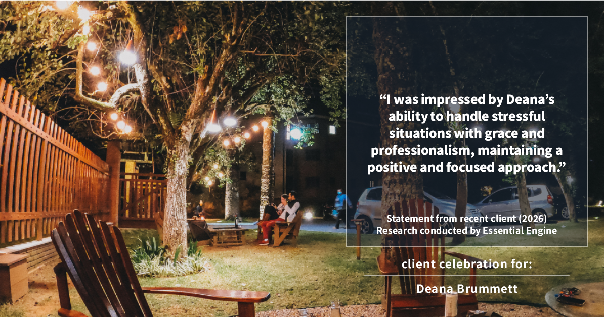 Testimonial for real estate agent Deana Brummett with Coldwell Banker Realty in Charlotte, NC: "I was impressed by Deana's ability to handle stressful situations with grace and professionalism, maintaining a positive and focused approach."