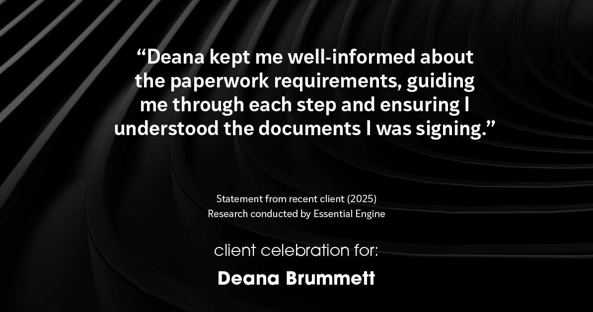 Testimonial for real estate agent Deana Brummett with Coldwell Banker Realty in Charlotte, NC: "Deana kept me well-informed about the paperwork requirements, guiding me through each step and ensuring I understood the documents I was signing."
