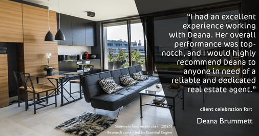 Testimonial for real estate agent Deana Brummett with Coldwell Banker Realty in Charlotte, NC: "I had an excellent experience working with Deana. Her overall performance was top-notch, and I would highly recommend Deana to anyone in need of a reliable and dedicated real estate agent."