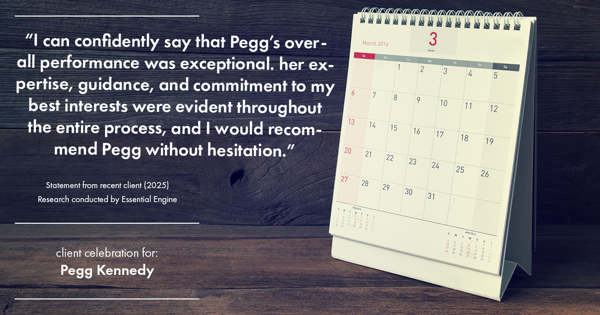 Testimonial for real estate agent Pegg Kennedy in Indianapolis, IN: "I can confidently say that Pegg's overall performance was exceptional. her expertise, guidance, and commitment to my best interests were evident throughout the entire process, and I would recommend Pegg without hesitation."