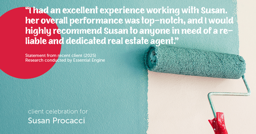 Testimonial for real estate agent Susan Procacci with Better Homes and Gardens Pristine in Naples, FL: "I had an excellent experience working with Susan. her overall performance was top-notch, and I would highly recommend Susan to anyone in need of a reliable and dedicated real estate agent."