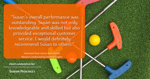 Testimonial for real estate agent Susan Procacci with Better Homes and Gardens Pristine in Naples, FL: "Susan's overall performance was outstanding. Susan was not only knowledgeable and skilled but also provided exceptional customer service. I would definitely recommend Susan to others."
