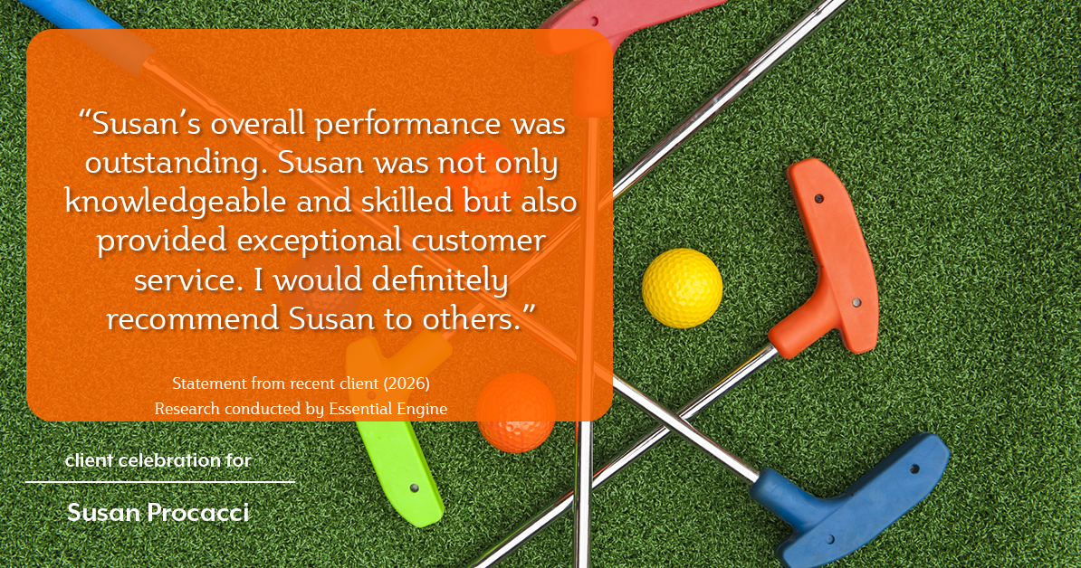 Testimonial for real estate agent Susan Procacci with Better Homes and Gardens Pristine in Naples, FL: "Susan's overall performance was outstanding. Susan was not only knowledgeable and skilled but also provided exceptional customer service. I would definitely recommend Susan to others."