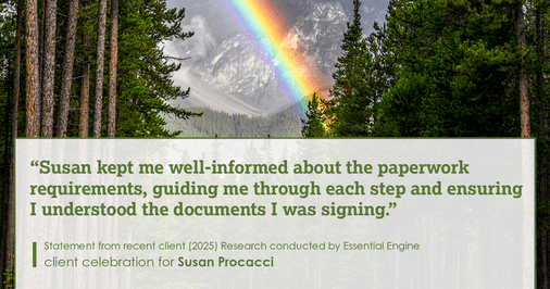 Testimonial for real estate agent Susan Procacci with Better Homes and Gardens Pristine in Naples, FL: "Susan kept me well-informed about the paperwork requirements, guiding me through each step and ensuring I understood the documents I was signing."