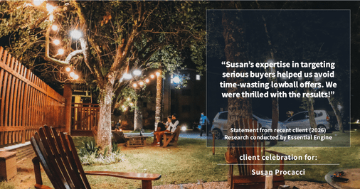 Testimonial for real estate agent Susan Procacci with Better Homes and Gardens Pristine in Naples, FL: "Susan's expertise in targeting serious buyers helped us avoid time-wasting lowball offers. We were thrilled with the results!"