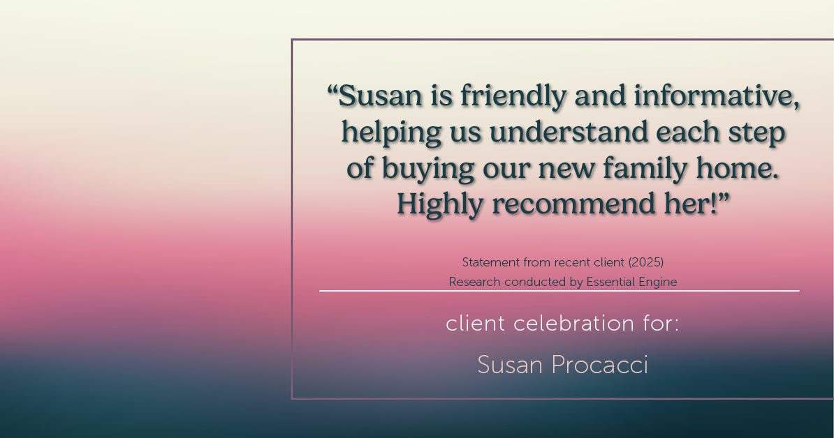 Testimonial for real estate agent Susan Procacci with Better Homes and Gardens Pristine in Naples, FL: "Susan is friendly and informative, helping us understand each step of buying our new family home. Highly recommend her!"