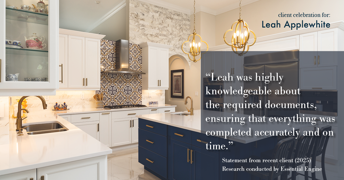 Testimonial for real estate agent Leah Applewhite with Realogics Sotheby's International Realty in Bainbridge Island, WA: "Leah was highly knowledgeable about the required documents, ensuring that everything was completed accurately and on time."
