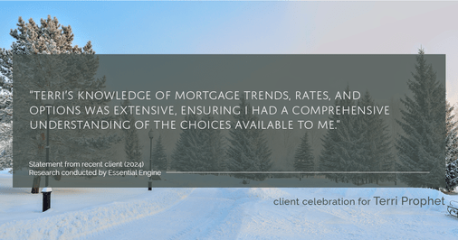 Testimonial for mortgage professional Terri Prophet with Best Interest Mortgage Inc in Naples, FL: "Terri's knowledge of mortgage trends, rates, and options was extensive, ensuring I had a comprehensive understanding of the choices available to me."