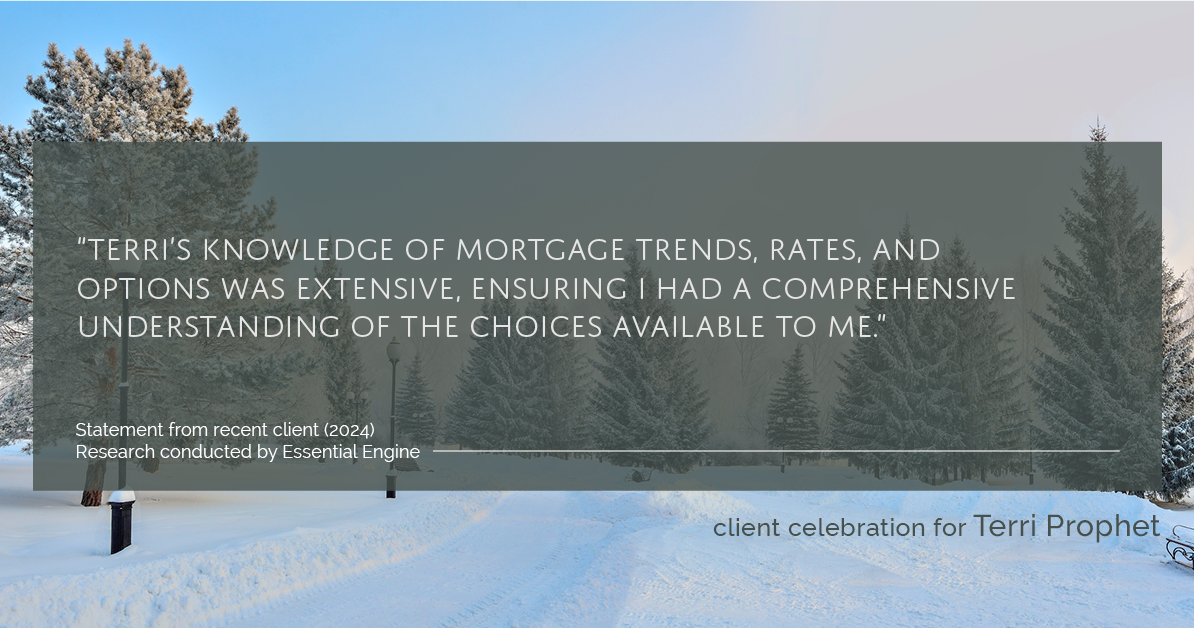 Testimonial for mortgage professional Terri Prophet with Best Interest Mortgage Inc in Naples, FL: "Terri's knowledge of mortgage trends, rates, and options was extensive, ensuring I had a comprehensive understanding of the choices available to me."