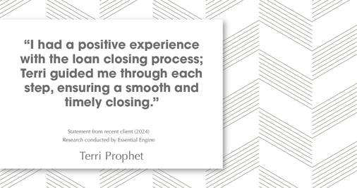 Testimonial for mortgage professional Terri Prophet with Best Interest Mortgage Inc in Naples, FL: "I had a positive experience with the loan closing process; Terri guided me through each step, ensuring a smooth and timely closing."