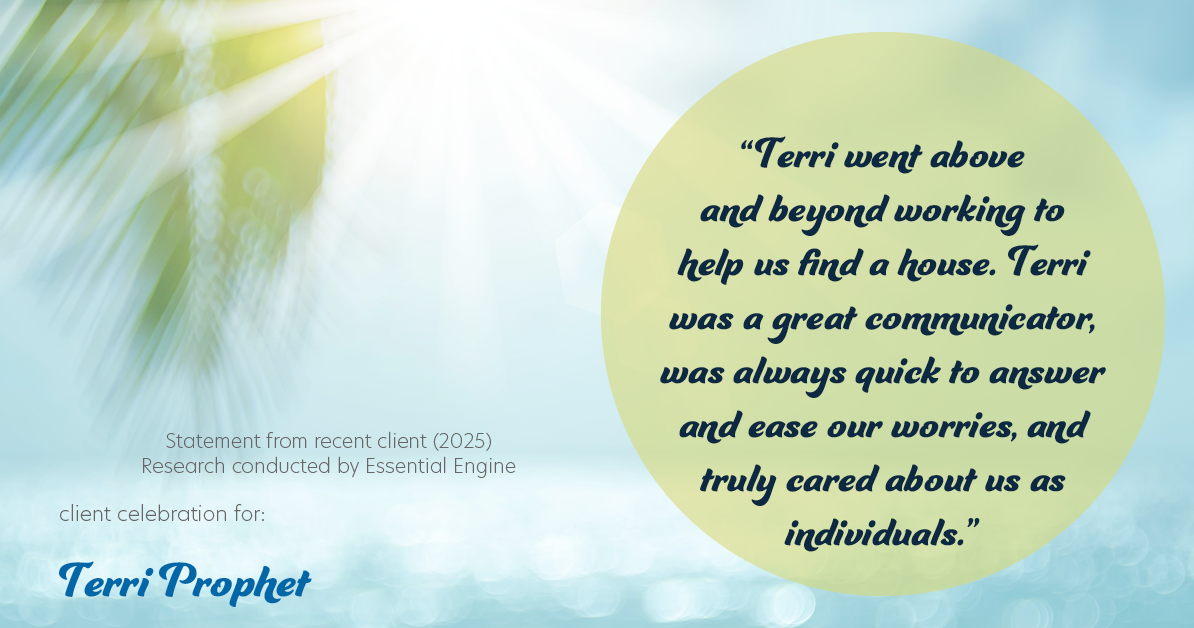 Testimonial for mortgage professional Terri Prophet with Best Interest Mortgage Inc in Naples, FL: "Terri went above and beyond working to help us find a house. Terri was a great communicator, was always quick to answer and ease our worries, and truly cared about us as individuals."