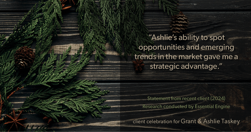 Testimonial for real estate agent Grant & Ashlie Taskey with Keystone Property Group in Kokomo, IN: "Ashlie's ability to spot opportunities and emerging trends in the market gave me a strategic advantage."