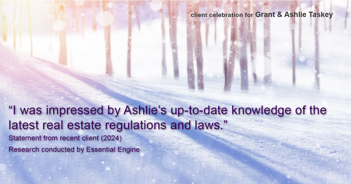 Testimonial for real estate agent Grant & Ashlie Taskey with Keystone Property Group in Kokomo, IN: "I was impressed by Ashlie's up-to-date knowledge of the latest real estate regulations and laws."
