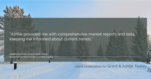 Testimonial for real estate agent Grant & Ashlie Taskey with Keystone Property Group in Kokomo, IN: "Ashlie provided me with comprehensive market reports and data, keeping me informed about current trends."