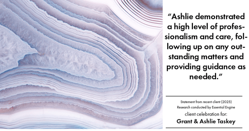 Testimonial for real estate agent Grant & Ashlie Taskey with Keystone Property Group in Kokomo, IN: "Ashlie demonstrated a high level of professionalism and care, following up on any outstanding matters and providing guidance as needed."