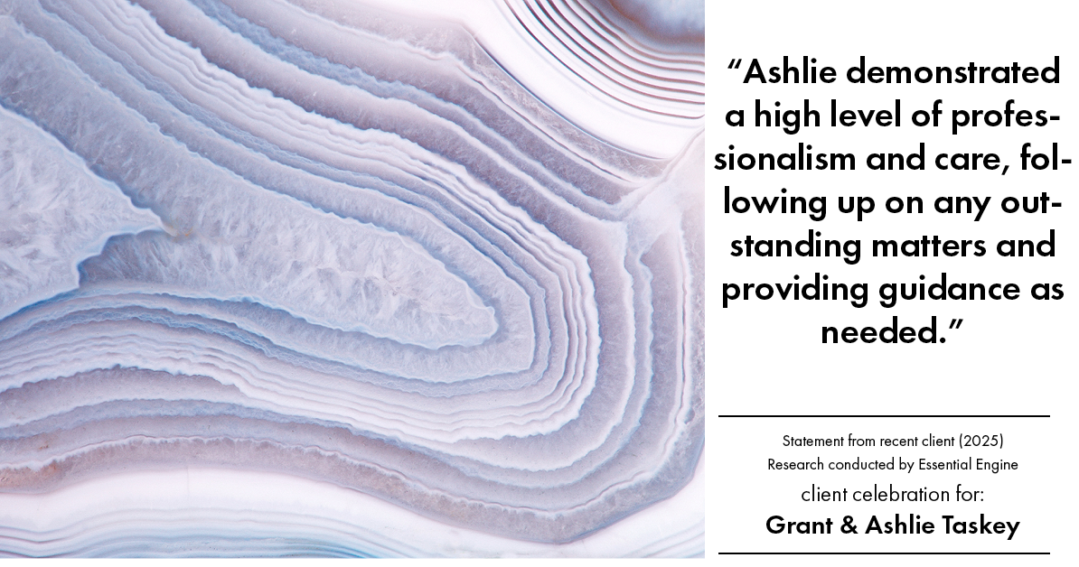 Testimonial for real estate agent Grant & Ashlie Taskey with Keystone Property Group in Kokomo, IN: "Ashlie demonstrated a high level of professionalism and care, following up on any outstanding matters and providing guidance as needed."
