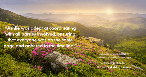 Testimonial for real estate agent Grant & Ashlie Taskey with Keystone Property Group in Kokomo, IN: "Ashlie was adept at coordinating with all parties involved, ensuring that everyone was on the same page and adhered to the timeline."