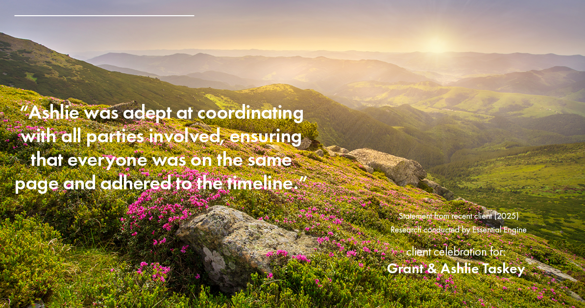 Testimonial for real estate agent Grant & Ashlie Taskey with Keystone Property Group in Kokomo, IN: "Ashlie was adept at coordinating with all parties involved, ensuring that everyone was on the same page and adhered to the timeline."