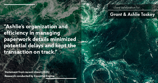 Testimonial for real estate agent Grant & Ashlie Taskey with Keystone Property Group in Kokomo, IN: "Ashlie's organization and efficiency in managing paperwork details minimized potential delays and kept the transaction on track."