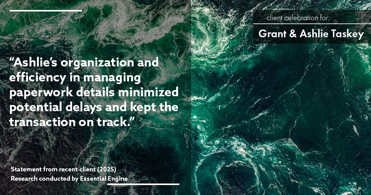 Testimonial for real estate agent Grant & Ashlie Taskey with Keystone Property Group in Kokomo, IN: "Ashlie's organization and efficiency in managing paperwork details minimized potential delays and kept the transaction on track."