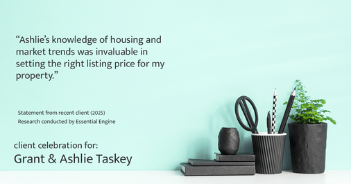 Testimonial for real estate agent Grant & Ashlie Taskey with Keystone Property Group in Kokomo, IN: "Ashlie's knowledge of housing and market trends was invaluable in setting the right listing price for my property."