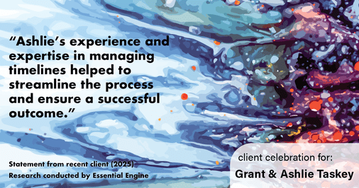 Testimonial for real estate agent Grant & Ashlie Taskey with Keystone Property Group in Kokomo, IN: "Ashlie's experience and expertise in managing timelines helped to streamline the process and ensure a successful outcome."