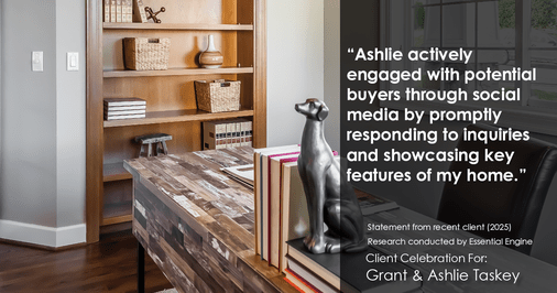 Testimonial for real estate agent Grant & Ashlie Taskey with Keystone Property Group in Kokomo, IN: "Ashlie actively engaged with potential buyers through social media by promptly responding to inquiries and showcasing key features of my home."