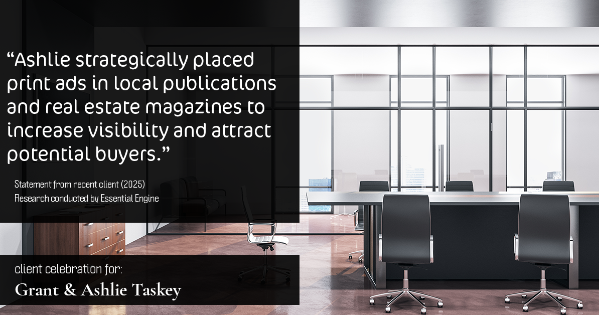 Testimonial for real estate agent Grant & Ashlie Taskey with Keystone Property Group in Kokomo, IN: "Ashlie strategically placed print ads in local publications and real estate magazines to increase visibility and attract potential buyers."