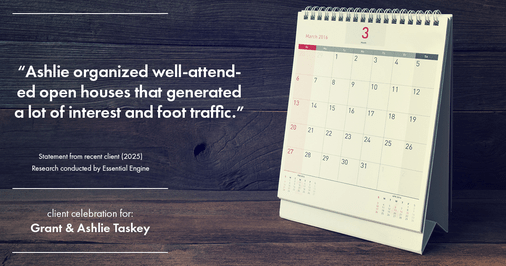 Testimonial for real estate agent Grant & Ashlie Taskey with Keystone Property Group in Kokomo, IN: "Ashlie organized well-attended open houses that generated a lot of interest and foot traffic."