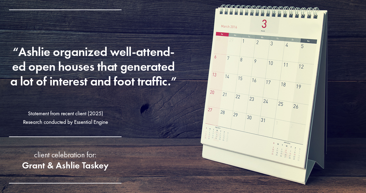 Testimonial for real estate agent Grant & Ashlie Taskey with Keystone Property Group in Kokomo, IN: "Ashlie organized well-attended open houses that generated a lot of interest and foot traffic."