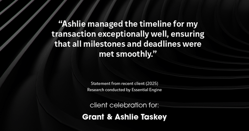 Testimonial for real estate agent Grant & Ashlie Taskey with Keystone Property Group in Kokomo, IN: "Ashlie managed the timeline for my transaction exceptionally well, ensuring that all milestones and deadlines were met smoothly."
