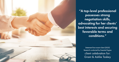 Testimonial for real estate agent Grant & Ashlie Taskey with Keystone Property Group in Kokomo, IN: "A top-level professional possesses strong negotiation skills, advocating for her clients' best interests and securing favorable terms and conditions."