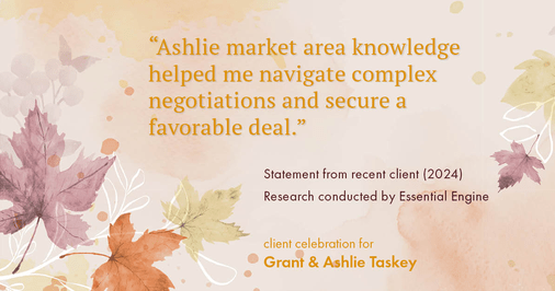 Testimonial for real estate agent Grant & Ashlie Taskey with Keystone Property Group in Kokomo, IN: "Ashlie market area knowledge helped me navigate complex negotiations and secure a favorable deal."