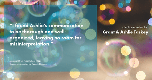 Testimonial for real estate agent Grant & Ashlie Taskey with Keystone Property Group in Kokomo, IN: "I found Ashlie's communication to be thorough and well-organized, leaving no room for misinterpretation."