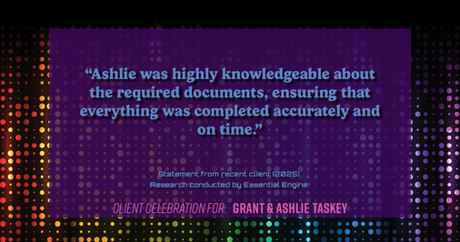Testimonial for real estate agent Grant & Ashlie Taskey with Keystone Property Group in Kokomo, IN: "Ashlie was highly knowledgeable about the required documents, ensuring that everything was completed accurately and on time."