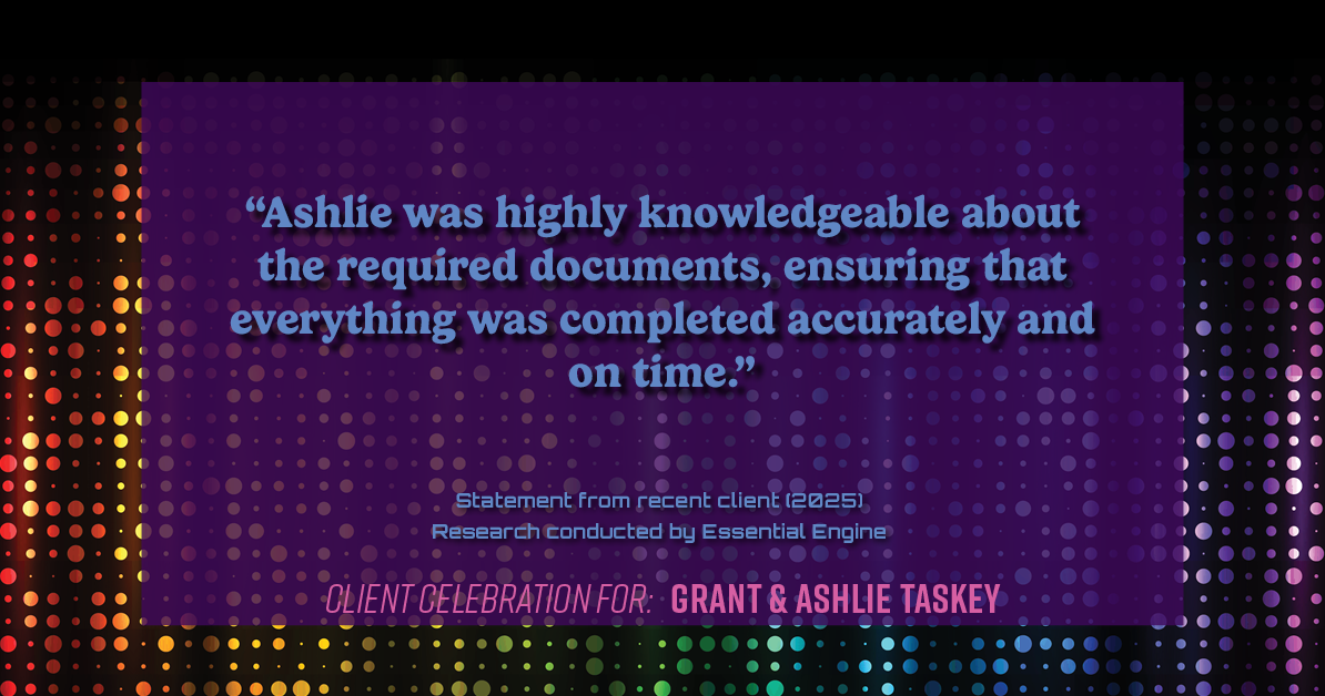 Testimonial for real estate agent Grant & Ashlie Taskey with Keystone Property Group in Kokomo, IN: "Ashlie was highly knowledgeable about the required documents, ensuring that everything was completed accurately and on time."