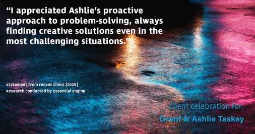 Testimonial for real estate agent Grant & Ashlie Taskey with Keystone Property Group in Kokomo, IN: "I appreciated Ashlie's proactive approach to problem-solving, always finding creative solutions even in the most challenging situations."