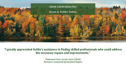 Testimonial for real estate agent Grant & Ashlie Taskey with Keystone Property Group in Kokomo, IN: "I greatly appreciated Ashlie's assistance in finding skilled professionals who could address the necessary repairs and improvements."