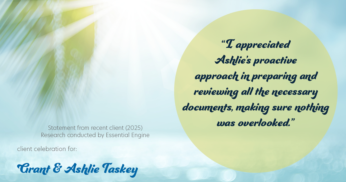Testimonial for real estate agent Grant & Ashlie Taskey with Keystone Property Group in Kokomo, IN: "I appreciated Ashlie's proactive approach in preparing and reviewing all the necessary documents, making sure nothing was overlooked."