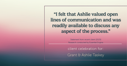 Testimonial for real estate agent Grant & Ashlie Taskey with Keystone Property Group in Kokomo, IN: "I felt that Ashlie valued open lines of communication and was readily available to discuss any aspect of the process."